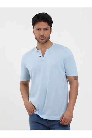 Dufy Buz Mavisi Erkek Slim Fit Düz Düğmeli O Yaka Kazak - 104636-buz Mavisi Buz Mavi