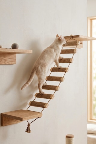 Ahşap Kedi Tırmanma Merdiveni Ve Duvar Köprüsü - Jüt İpli, 9 Basamak, 100 Cm