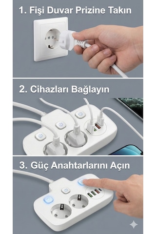 Akım Korumalı 2500w Güçlü 3 Usb + Type-c Portlu Çoklu Priz Hızlı Şarj, Çocuk Kilidi, 2 Metre