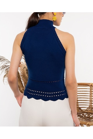 Aqe Fashion Kadın Saks Mavisi Halter Yaka Dantel Detaylı Bluz-Saks