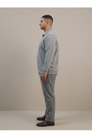 Maccali Erkek Gri Melanj Büyük Beden Polo Yaka Battal Sweatshirt