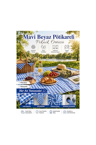 Pötikareli Piknik Örtüsü Masa Örtüsü Sofra Bezi Çok Amaçlı Kareli Balkon Bahçe Kamp Örtüsü Mavi Beyaz