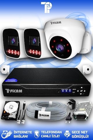 Picam 3 Kameralı Zebra 1 İç Kamera Set 1 Tb 5 Mp 2k Net Gece Görüşlü Güvenlik Kamerası Sistemi