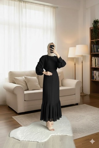 Çlm Store Piliseli Şifon Tesettür Elbise - Rahat Ve Şık - Boy 135 Cm Siyah Siyah