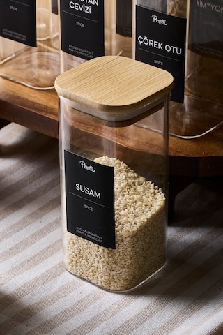 Gildo 12'li Bambu Kapak Borosilikat Cam Baharatlık 400 Ml 13x6 Cm 30 Adet Etiket Hediyeli Seffaf ŞEffaf