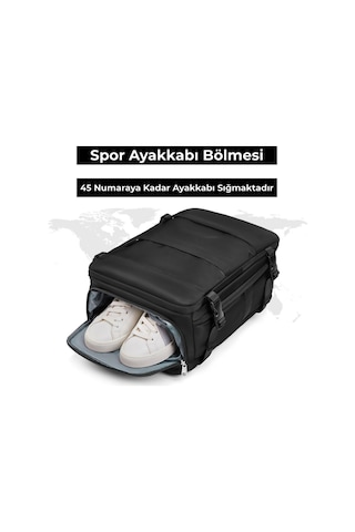 Su Geçirmez 16" İnç 30l Ayakkabı Bölmeli Seyahat Sırt Çantası - Laptop Bölmeli, Usb Şarj Girişli Siyah