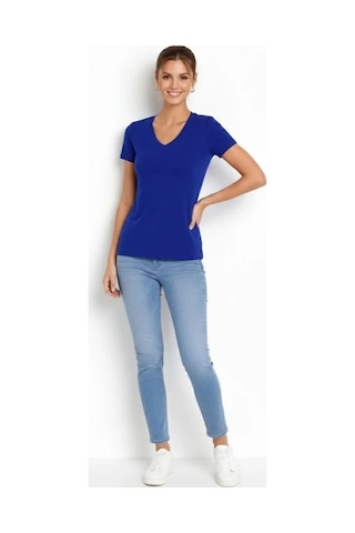 Meleners T-shirt V Yaka Slim Fit Likralı Tişört Günlük Basic Body - İndigo