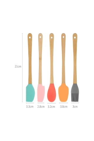 Thentech 5'li Silikon Servis Spatulası Yumurta Sürme Fırçası Silikon Kaşık Tahta Saplı Hijyenik Set Kahverengi