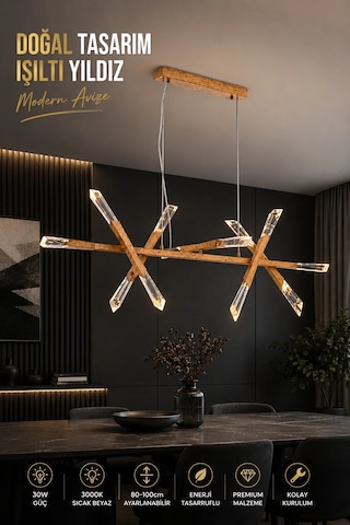 Modern Premium Led Sarkıt Avize Doğal Ahşap Tasarım Salon Yemek Masası Avizesi 30w 3000k Beyaz