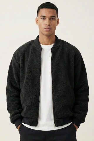 Genius Store Erkek Mont Peluş İçi Astarlı Oversize Geniş Kalıp Sherpa Kuzu Kumaş Spor Mont Siyah