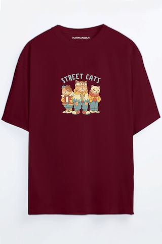 Street Cats - Sokak Kedileri Siyah - Beyaz Oversize T-shirt Bordo