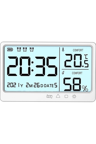 Youtek Beyaz Usb Şarjlı Lcd Ekranlı Dijital Hava Nem Ve Sıcaklık Ölçer - Saat, Tarih, Alarm Ve Işık Fonksiyonlu Ev Ofis Tespit Cihazı