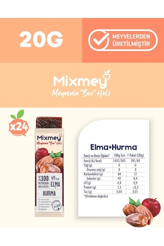 Mixmey Hurma Meyve Barı 24 Adet | Atıştırmalıklar – Vegan, Glutensiz, Koruyucusuz (20GR X 24 ADET)