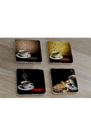 Bardakta Sıcak Kahveler Doğal Taş Bardak Altlığı 4'lü Set - Natural Stone Coasters - Taş Çok Renkli