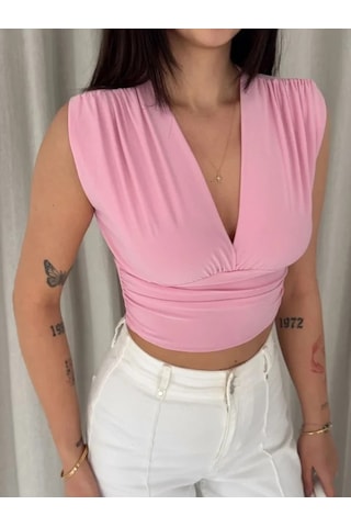 Efnaz Style Vatkalı Kolsuz V Yaka Drapeli Crop Bluz Likralı Fit - Pembe