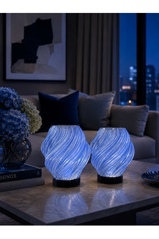 2 Adet Spiral Kablosuz Masa Lambası 11 X 13 Cm Tealight Led Işık Hediyeli Lacivert