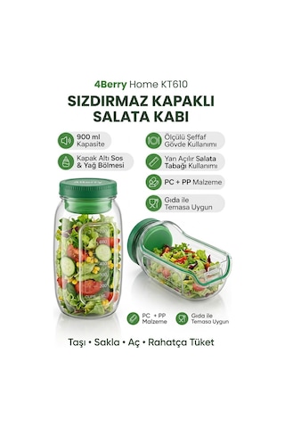 Kt610 Sızdırmaz Salata Kabı 900 Ml Sos Bölmeli Yan Açılır Taşınabilir Saklama Kabı Şeffaf