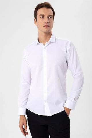 Süvari Beyaz Slim Fit Armürlü Klasik Yaka Gömlek Beyaz