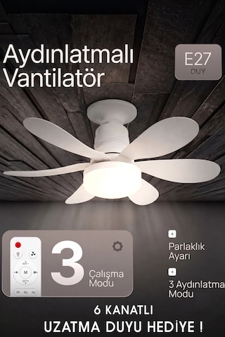 Tavan Vantilatörü Led Işıklı 3 Kademeli Uzaktan Kumandalı Avize Tipi Vantilatör - Uzatma Aparatı li
