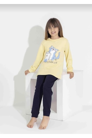 Kız Çocuk Kedi Baskılı Uzun Kollu Pijama Takımı Rahat Ev Giyimi-8411- Sarı