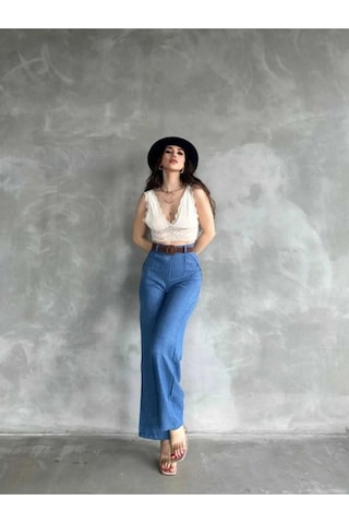 Kadın Yazlık Trend Beli Kemerli Keten Pantolon Saks Mavi Saks Mavi