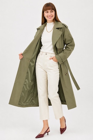 Ressho Kadın Kemerli Uzun Trençkot Su Geçirmez, Astarlı, Oversize Model Haki