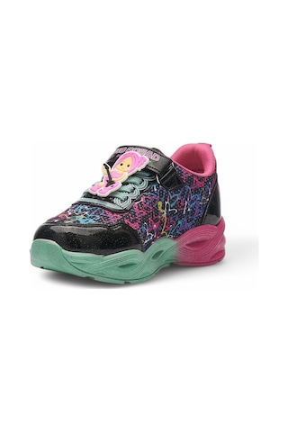 Günlük Cırtlı Kız Çocuk Spor Ayakkabı Renkli Simli Hafif Taban Süs Detay Lastik Bağcık Sneaker 4010 Siyah - Pembe