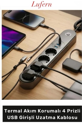 Yüksek Güç Kapasiteli Termal Akım Korumalı 4 Prizli Usb Girişli Uzatma Kablosu Type-c 2500 Watt Standart