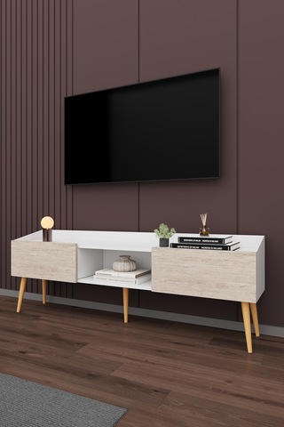 Asra Trend Tv Ünitesi Tv Sehpası T-28 %100 MDF Ayaklı Modern Medya Ünitesi Beyaz - Sidon