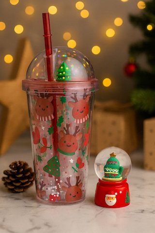 Gençlere Özel 2'li Kombin Noel Seti Geyik Desenli 450 Ml Suluk & Işıklı Eldiven Kar Küresi 6.5 Cm Çok Renkli