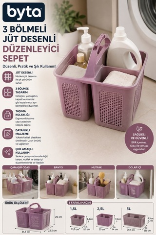 3 Bölmeli Jüt Desenli Çok Amaçlı Düzenleyici Sepet Taşıma Saplı Deterjan Organizeri 1,5l + 2,5l + 5l Mor
