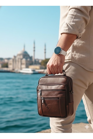 Newish Polo Erkek Deri Postacı Kasalı El Omuz Çantası Orta Kkahve Koyu Kahverengi