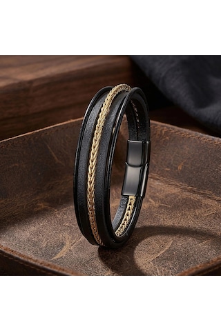 Moncuk Design Gold Çelik Zincir Detaylı Çoklu Deri Erkek Çelik Bileklik 33514b18d1 Çok Renkli
