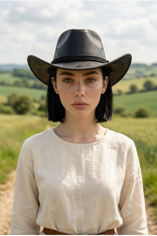 Gigi Luxe Vegan Deri Unisex Kovboy Şapkası Vintage Western Tarz Geniş Kenarlı Premium Kalite Siyah Siyah