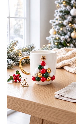 Yılbaşı Ağacı Kabartmalı Seramik Mug 300 Ml El Yapımı 24k Altın Detaylı Beyaz - Çok Renkli