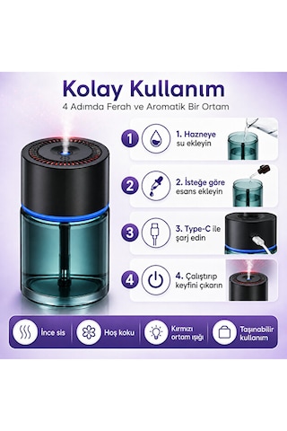 Araç İçi Aromaterapi Nemlendirici 120 Ml Ultrasonik Sisleme Type-c Şarjlı 300 Mah 001
