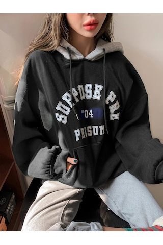 Kadın Siyah Suppose Baskılı Oversize Sweatshirt Siyah