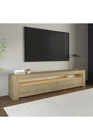 Batı Led Işıklı 2 Kapaklı Tv Sehpası 150 Cm Minimal Tasarım Safir Meşe