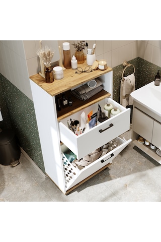 Çamaşır Sepetli Banyo Dolabı, Çok Amaçlı Dolap 60 Cm, Roomart Atlantik Çam - Beyaz