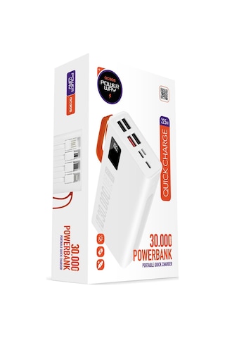 Powerway 30.000 Mah Pd 22.5w Dahili Kablolu Hızlı Şarj Gerçek 30.000 Mah Qc30s Beyaz Powerbank