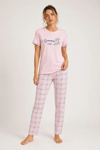 Modi Pamuklu Penye Summer Baskılı Kısa Kollu Pijama Takımı Ekose Desenli - Pembe