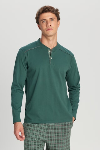 AC&Co / Altınyıldız Classics Erkek Hakı %100 Pamuk Standart Fit Hakim Yaka Desenli Cepli Pijama Takımı Haki