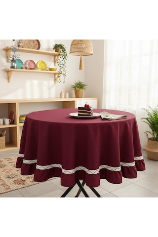 Dnc Home Tekstil Premium Keten Bordo Yuvarlak Fırfırlı Özel Seri Masa Örtüsü Bordo