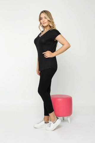 Yakası Taş Baskılı Bluz Siyah