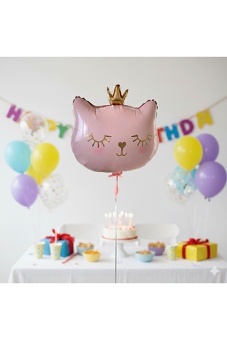56x49 Cm Pembe Kedi Kafası Taçlı Folyo Balon 30 İnç - Doğum Günü Parti Dekorasyon Balonu Çok Renkli