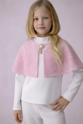 Fesshera Kids Kız Çocuk Takım Pelerinli Broş Kapama Detaylı Pamuklu 3 Parça Set Beyaz
