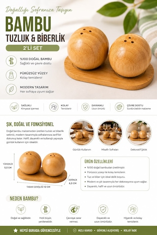 Top Şekilli Tuzluk Biberlik Seti Bambu