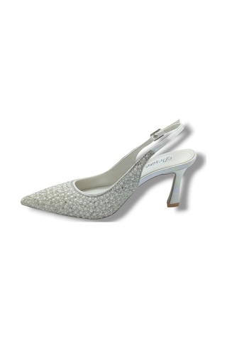 Desire 5012-26 Simli Saten İnci Taşlı İnce Topuk Kadın Stiletto 8,5cm Krem