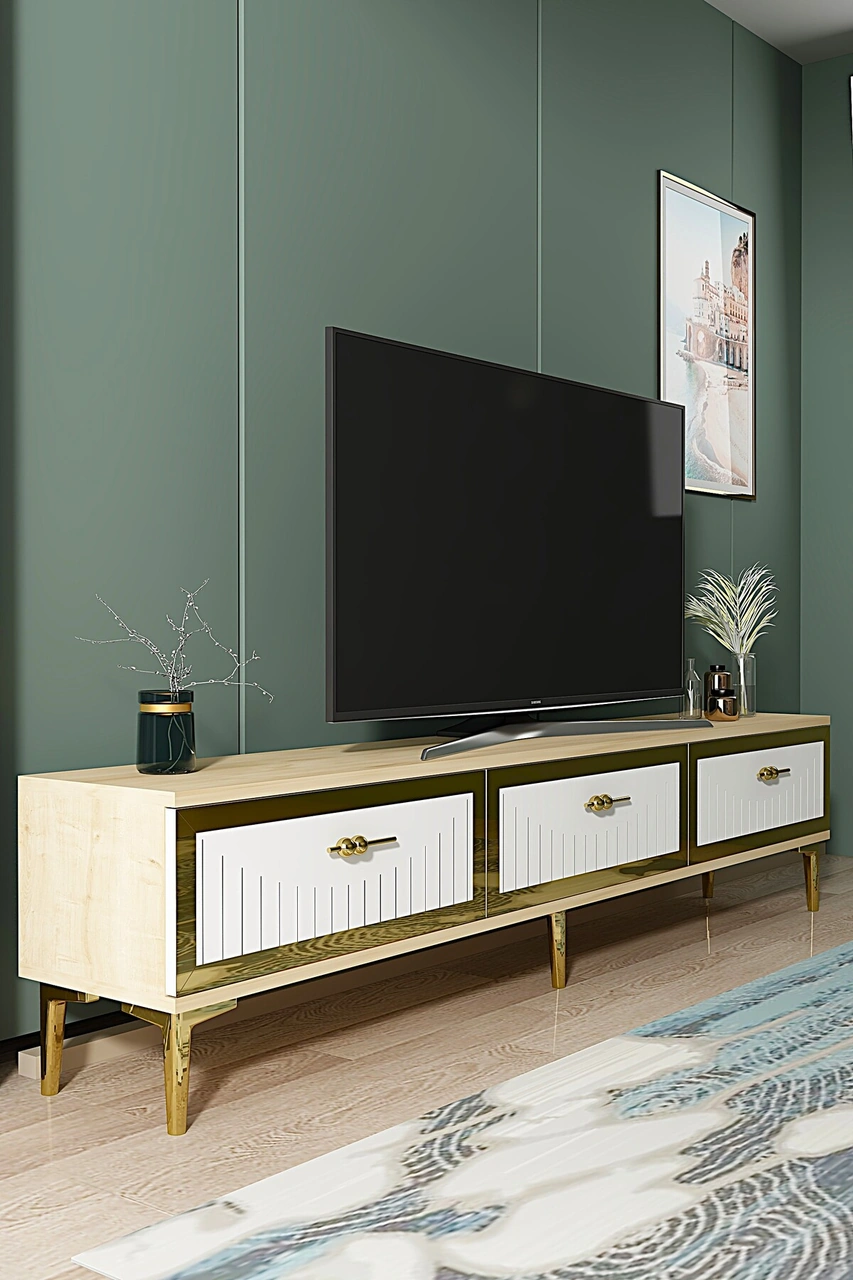 Tsa1802dbg - Tuna Tv Stand, Tv Sehpası Safirmeşe-beyaz-gold 180cm Beyaz