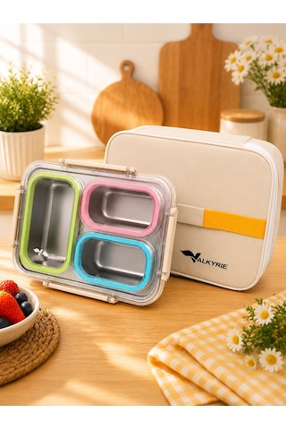Valkyrie 3 Gözlü Paslanmaz Çelik Lunch Box Termal Taşıma Çantalı, Sızdırmaz Contalı 304 Çelik Bölmeli Yemek Kabı Çok Renkli